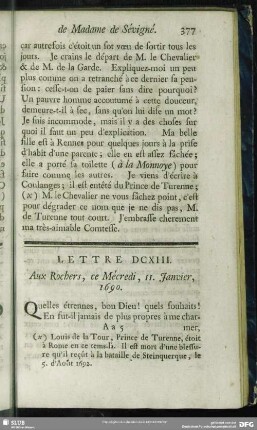 Lettre DCXIII. Aux Rochers, ce Mécredi, 11. Janvier, 1690