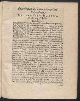 Exercitationum Ethicarum prima Respondente Nathanaele Hanisio Frideberga Silesio.