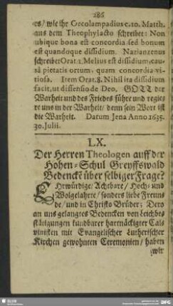 LX. Der Herren Theologen auff der Hohen-Schul Greyffswald Bedencke[n] über selbriger Frage?