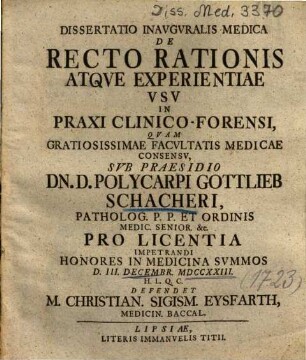Dissertatio Inavgvralis Medica De Recto Rationis Atqve Experientiae Vsv In Praxi Clinico-Forensi