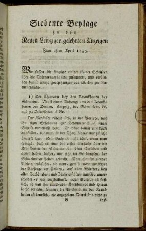 Siebente Beylage zu den Neuen Leipziger gelehrten Anzeigen. Zum 1sten April 1795.