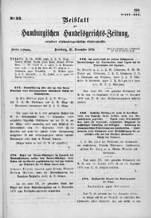 Beiblatt zur hamburgischen Handelsgerichts-Zeitung No. 52. Dritter Jahrgang. Hamburg, 31. Dezember 1870.