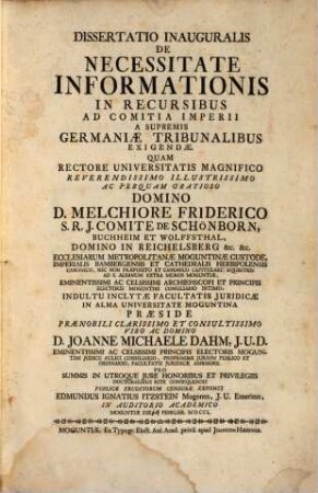 Diss. inaug. de necessitate informationis in recursibus ad comitia imperii a supremis Germaniae exigendae