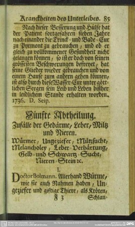 Fünfte Abtheilung. Zufälle der Gedärme, Leber, Miltz und Nieren