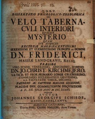 Dissertatio Philologico-Theologica De Velo Tabernacvli Interiori Ejvsqve Mysterio