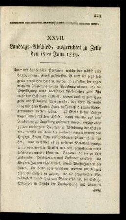 XXVII. Landtags-Abschied, aufgerichtet zu Zelle den 15ten Junii 1559.