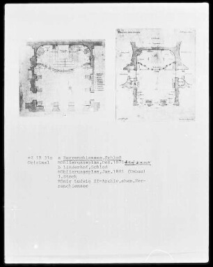 Herrenchiemsee, Schloss, Schlafzimmer, Möblierungsplan und Linderhof, Schloss, 1. Geschoss, Möblierungsplan