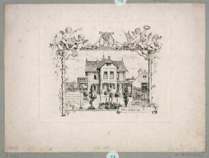 Die Villa Sophie in Radebeul in einer Rahmung mit Putten, Monogramm und Sinnspruch, Entwurf für einen Briefkopf