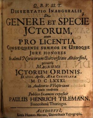 Dissertatio Inauguralis De Genere Et Specie JCtorum