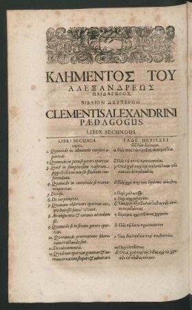 [...] = Clementis Alexandrini Paedagogus. Liber Secundus.