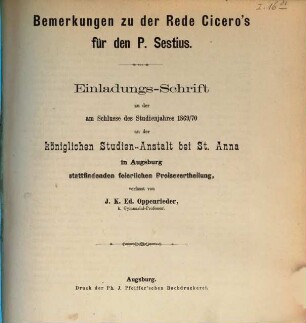 Einladungs-Schrift zu der am Schlusse des Studienjahres ... an der Königlichen Studien-Anstalt bei St. Anna in Augsburg stattfindenden feierlichen Preisevertheilung, 1869/70