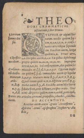 Theodori Grammaticae institutionis, Liber Primus.