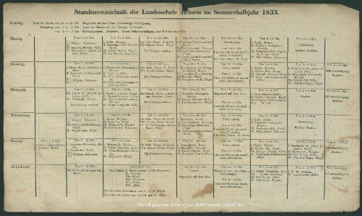Stundenverzeichnis der Landesschule Meissen im Sommerhalbjahr 1833.