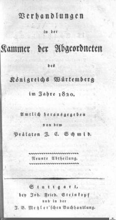 1,9: Landtag Württemberg - Kammer 2, Protokolle 1820, Bd. 9