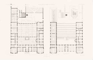 Königliche Webeschule, Krefeld: Lageplan, Grundriss EG, 1.OG (aus: Atlas zur Zeitschrift für Bauwesen, hrsg. v. F. Endell, Jg. 37, 1887)