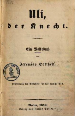 Uli, der Knecht : Ein Volksbuch