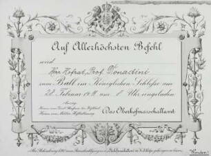 Einladung zum Ball im Königlichen Schlosse für Herrn Hofrat Prof. Donadini, Vorderseite : Einladung zum Ball im Königlichen Schlosse für Herrn Hofrat Prof. Donadini am 28. Februar 1911 um 8 Uhr, Vorderseite