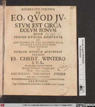 Dissertatio Jvridica De Eo, Qvod Jvstvm Est Circa Dolvm Bonvm