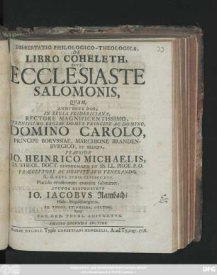 Dissertatio Philologico-Theologica De Libro Coheleth, Sive Ecclesiaste Salomonis