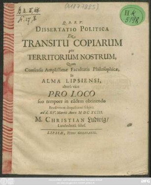 Dissertatio Politica De Transitu Copiarum per Territorium Nostrum