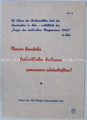 Wirtschaftspolitische Propagandaschrift mit einem Aufruf der IG Wismut Lebensmittel