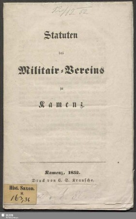 Statuten des Militair-Vereins zu Kamenz
