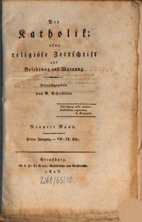 Der Katholik : Zeitschrift für katholische Wissenschaft und kirchliches Leben. 9 = Jg. 3. 1823