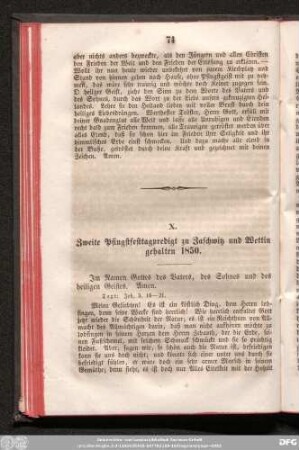 X. Zweite Pfingstfesttagpredigt zu Zaschwitz und Wettin gehalten 1850.