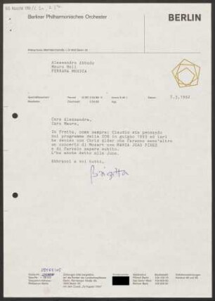 Brief an Alessandra Abbado und Mauro Meli an Ferrara Musica, 07.03.1992