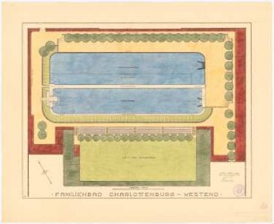 Badeanstalt, Berlin-Charlottenburg: Gesamtanlage im Grundriss 1:200, Maßstabsleiste, Stempel