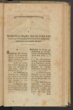 Vollständiges Resgister über die in den sechs Teilen der ökonomisch-kameralistischen Schriften enthaltenen vornehmsten Sachen.