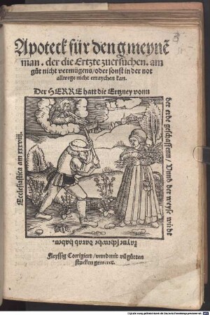Apoteck für den gmeyne[n] man. der die Ertzte zuersuchen. am gut nicht vermügens oder sonst in der not allwege nicht erraychen kan. ... : Fleyssig Corrigiert vnnd mit vil gutten stucken gemeret