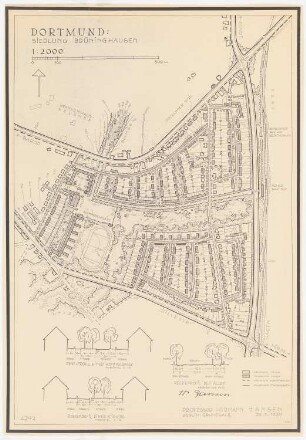 Bebauungsplan Dortmund: Siedlung Brünninghausen, Lageplan 1:2000, Straßenprofile 1:200 (von Inv.nr. 22175)