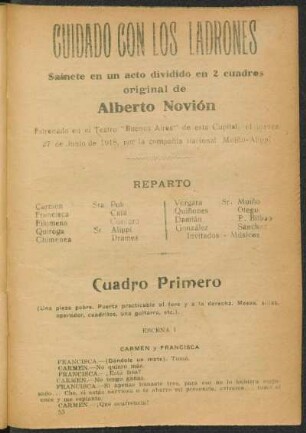 Cuidado con los ladrones : sainete en un acto dividido en 2 cuadros, original