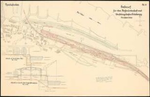 Kleinbahn mit Oderbrücke Schinkelwettbewerb 1925: Hafenbahnhof und Umschlaghafen Tschicherzig. Lageplan und Schnitte 1:100