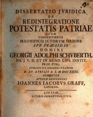 Dissertatio Jvridica De Redintegratione Potestatis Patriae