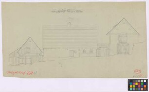 Voigtsdorf (Landkreis Habelschwerdt, Grafschaft Glatz): Gehöft Elsner. - Wohnhaus (Seiten-Ansicht). - Kuhstall mit Schuppen (Giebel-Ansicht). - Schuppen darüber Kornspeicher (Giebel-Ansicht)