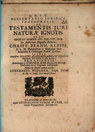 Diss. iur. inaug. de testamentis iuri naturae ignotis