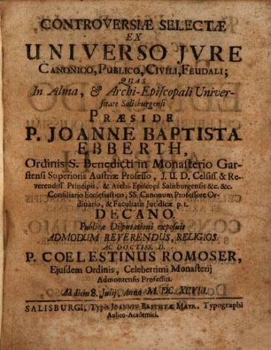 Controversiae Selectae Ex Universo Jvre Canonico, Publico, Civili, Feudali, [1]