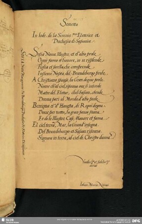 [Faszikel 4: Sonett zu Ehren der sächsischen Kurfürstinwitwe Sophia (1568-1622)]