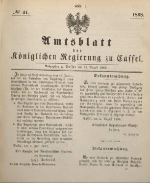 № 41. Ausgegeben zu Cassel am 14. August 1868.
