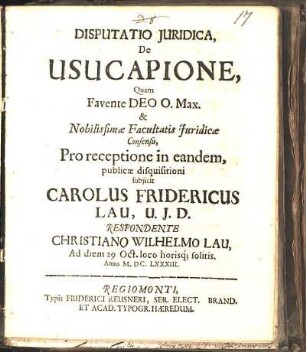 Disputatio Juridica, De Usucapione