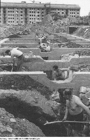 Dresden, Nationales Aufbauwerk (NAW), Arbeitseinsatz an der Wallstraße, Kinderkrippe Striesen, Wohnungsbau, Offenstall in Hellerau, Spielplatz in Striesen, NAW in Waltersdorf (Sächsische Schweiz), Aufbausonntag mit einer Kapelle der Nationalen Volksarmee der DDR (NVA), u.a., Mai 1959 - April 1960