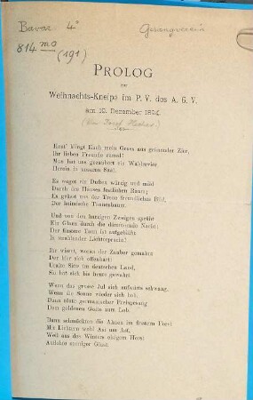Prolog zur Weihnachts-Kneipe im P.V. des A.G.V. am 19. Dezember 1894.