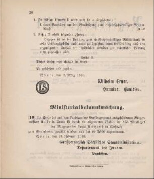 Nr. 16: Ministerialbekanntmachung, betreffend die Ersatzwahl eines Landtagsabgeordneten (Reichboth, Moßbach)