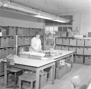 Roßwein, Stadtbadstraße 22/24. VEB Famos. Verpackung. Angestellte beim Verpacken von fertigen Holztieren
