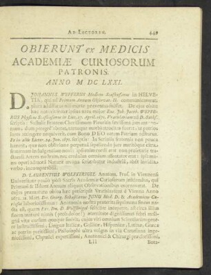 Obierunt ex Medicis Academiae Curiosorum Patronis. Anno MDCLXXI.