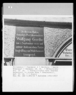 Inschrifttafel über Goethes Aufenthalt in diesem Haus