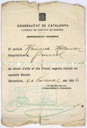 Bescheinigung der Generalitat de Catalunya für einen verwundeten Kämpfer der Internationalen Brigaden (?) - Personenkonvolut