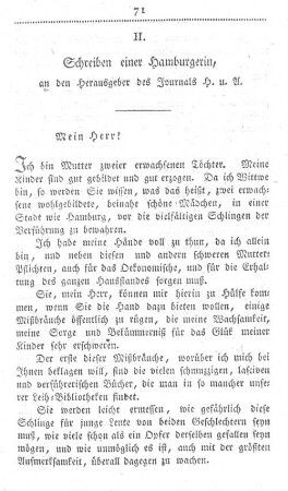 II. Schreiben einer Hamburgerin an den Herausgeber des Journals H. u. A.